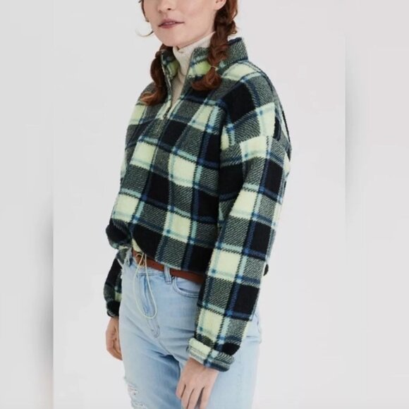 🦋 American Eagle Blue Green Plaid Quarter Zip Teddy Sherpa Pullover Jacket 🦋 - Picture 1 of 5